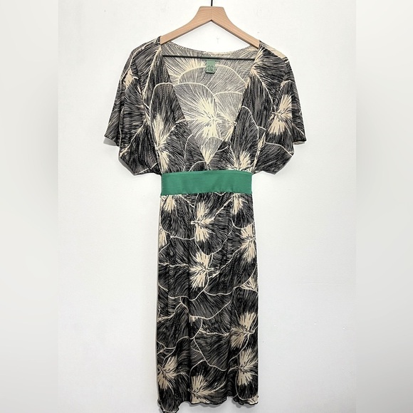 Anthropologie Maple 100% Silk Kimono Style Dress Sz S Leaf Print With Green Sash - Picture 2 of 5
